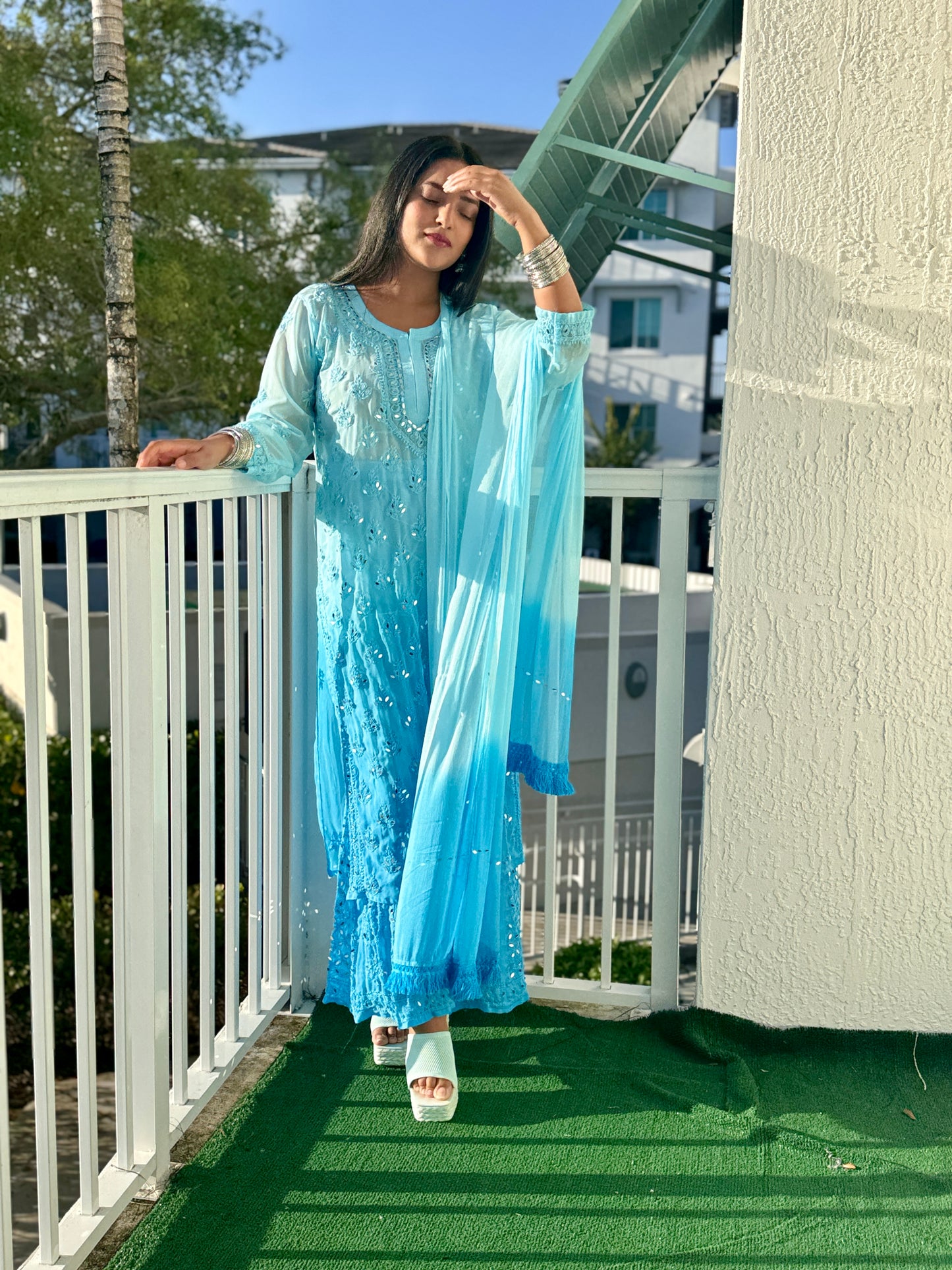 Aqua Blue Chikankari Elegance Ombré Mirror Booti Jaal Set - Kurti, Sharara & Dupatta -(Inner Included)