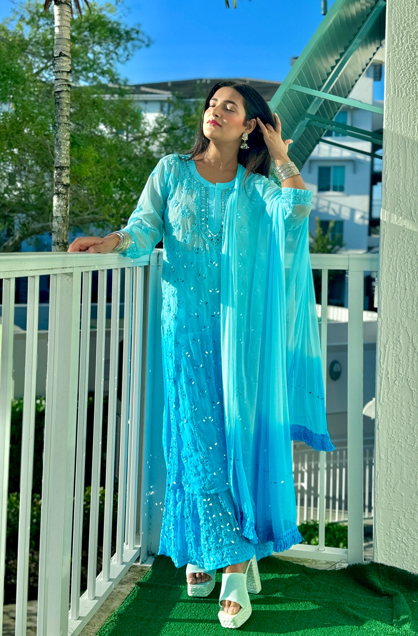 Aqua Blue Chikankari Elegance Ombré Mirror Booti Jaal Set - Kurti, Sharara & Dupatta -(Inner Included)