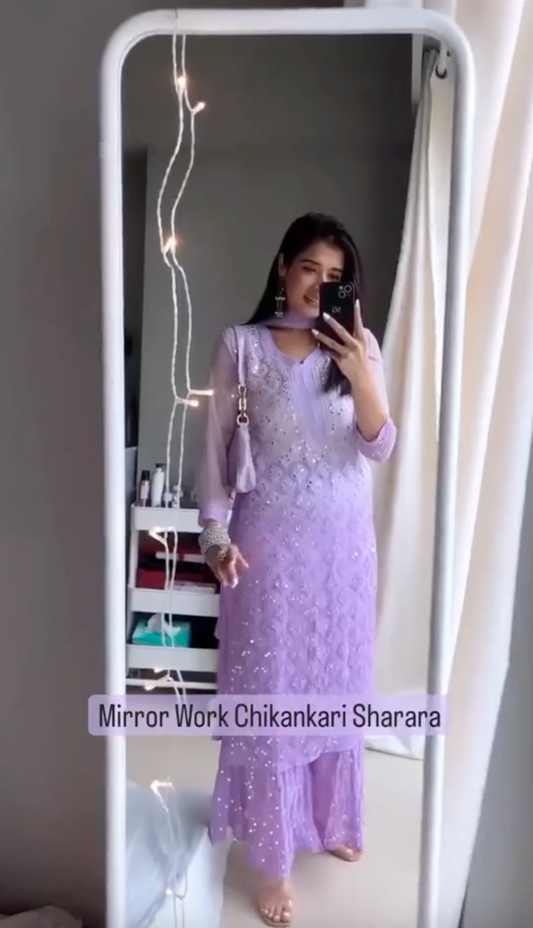 Light Purple Chikankari Elegance Ombré Mirror Booti Jaal Set - Kurti, Sharara & Dupatta -(Inner Included)